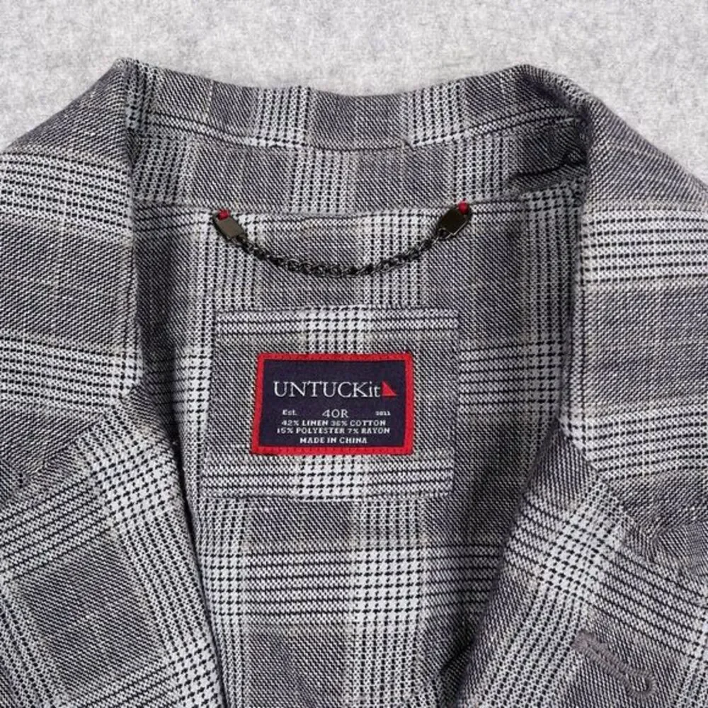 UNTUCKit Blazer 40R Gray Glen Plaid‎ Linen Unstructured Sport Coat Surgeon Cuffs